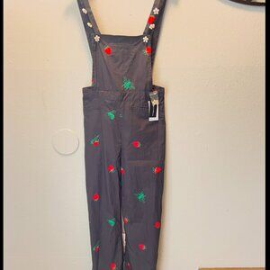 Saint Geraldine Womens Floral Embroidered Overalls black Strawberry & Bee Design
